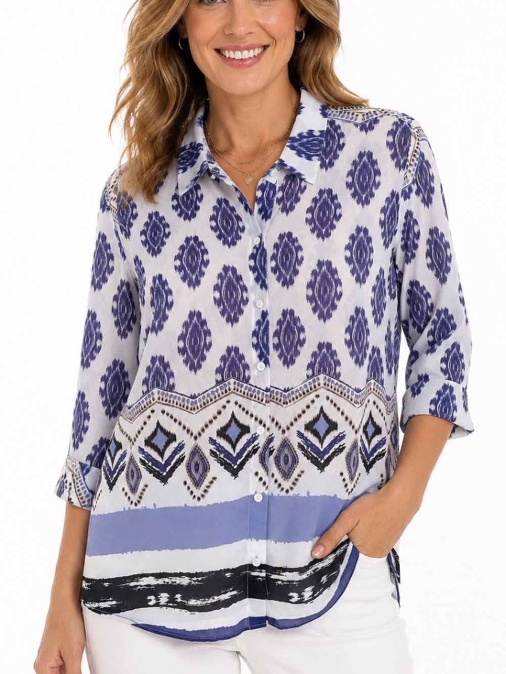 Chico’s blue and white button down blouse in geo print.